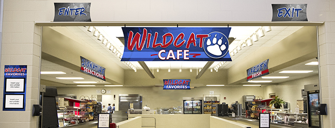 Custom school signs in a cafeteria entrance, school spirit signs with custom colors, menu board