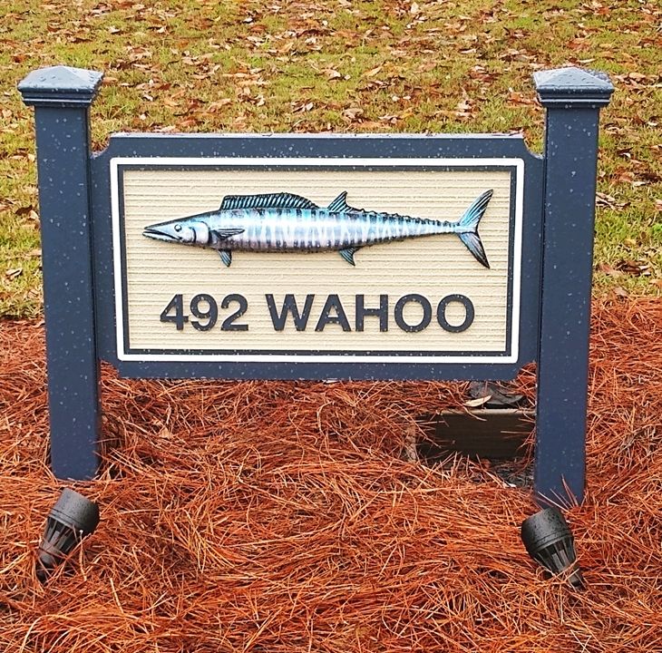 L21378 - Carved and Sandblasted HDU Address Sign,  "492 Wahoo," with an Artist-Painted 3D Wahoo Fish