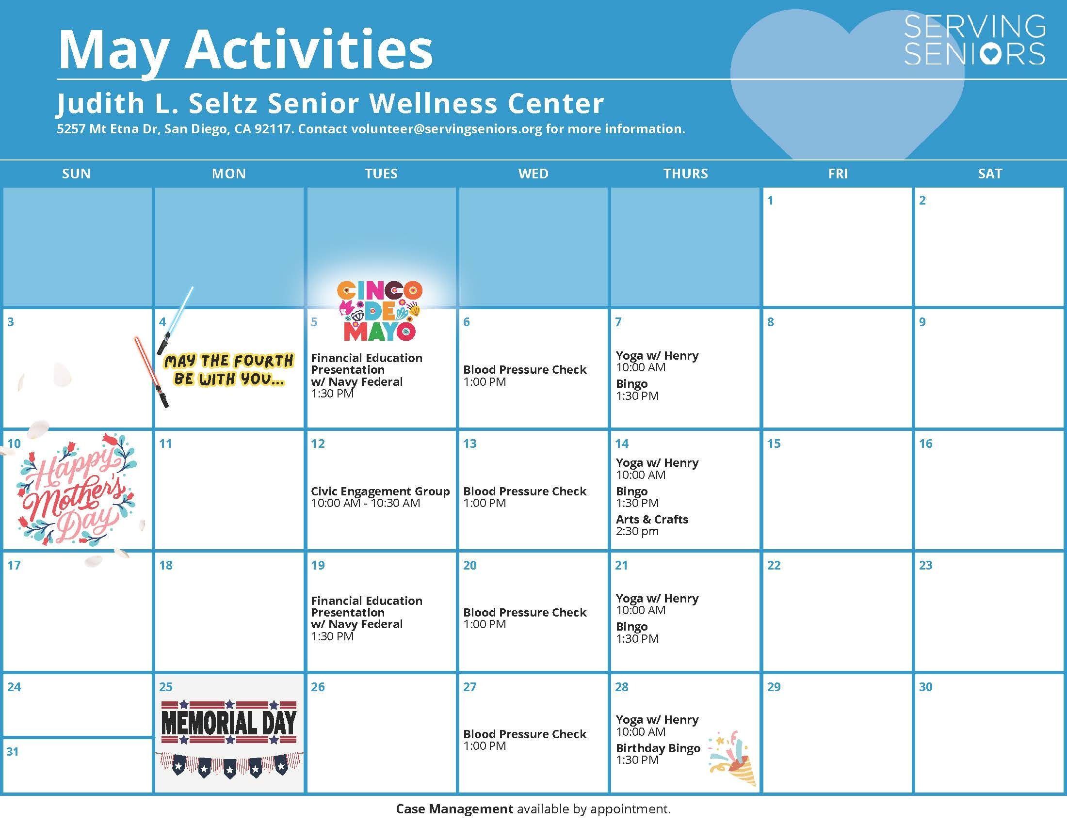 Click to download the Judith L. Seltz Wellness Center May 2026 Activities Calendar