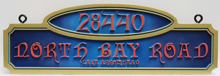 I18813A - Carved High-Density-Urethane (HDU)  Property Address  sign "North Bay Road, Lake Arrowhead ". 