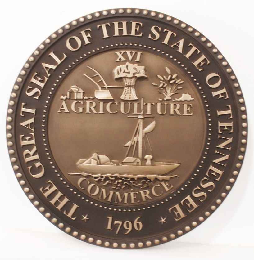 BP-1492 -  Carved 3-D Bas-Relief Plaque of the Seal of the State of Tennessee, Artist Painted in Metallic Bronze