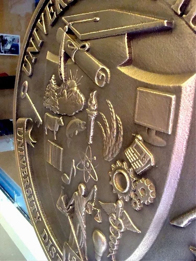 TA3072 - 5 ft diameter wall plaque of a university seal , carved in 3-D bas-relief and bronze-plated