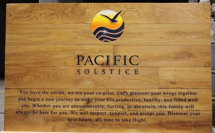 VP-1515 - Carved Engraved Cedar Wood Wall Plaque  for the Pacific Solstice Integrative Clinic