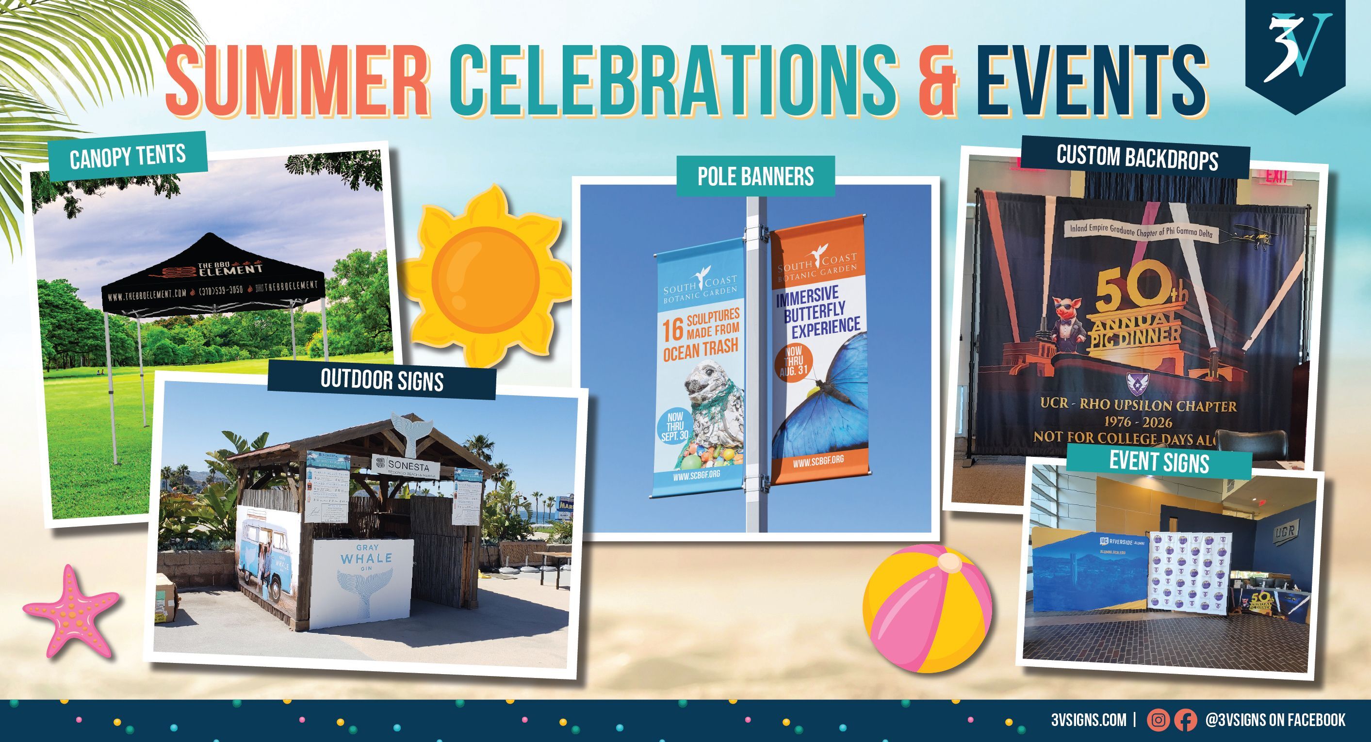 Summer Celebration Signage canopies, back drops, pole banners outdoor signs for events