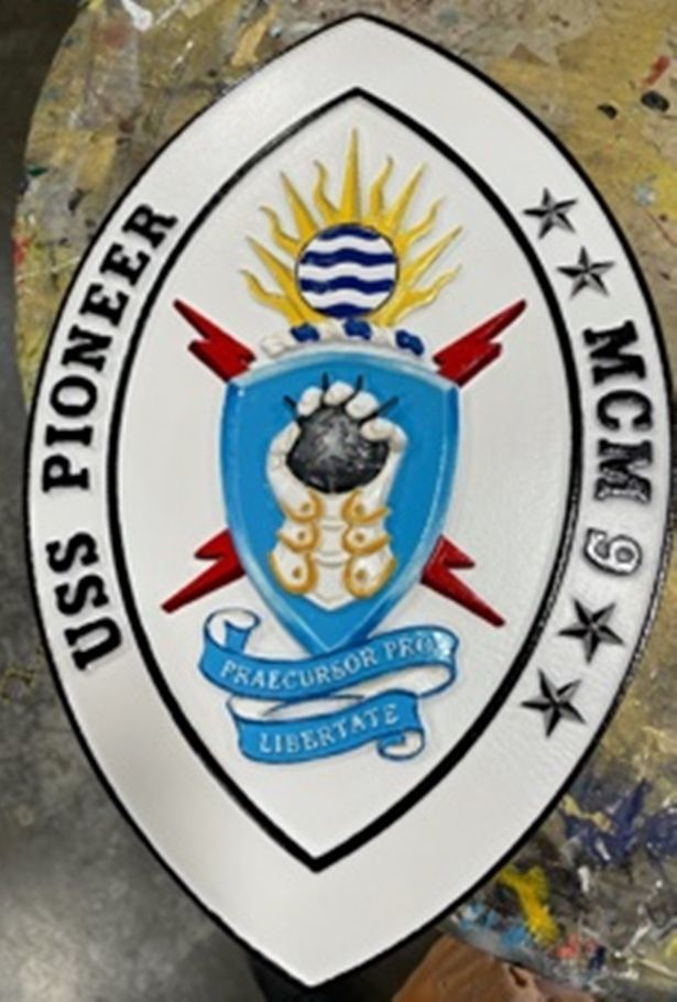JP-1307 - Carved 3-D Bas-Relief Artist-Painted HDU Plaque of the Crest of the Navy Ship USS Pioneer, Minesweeper MCM 9  