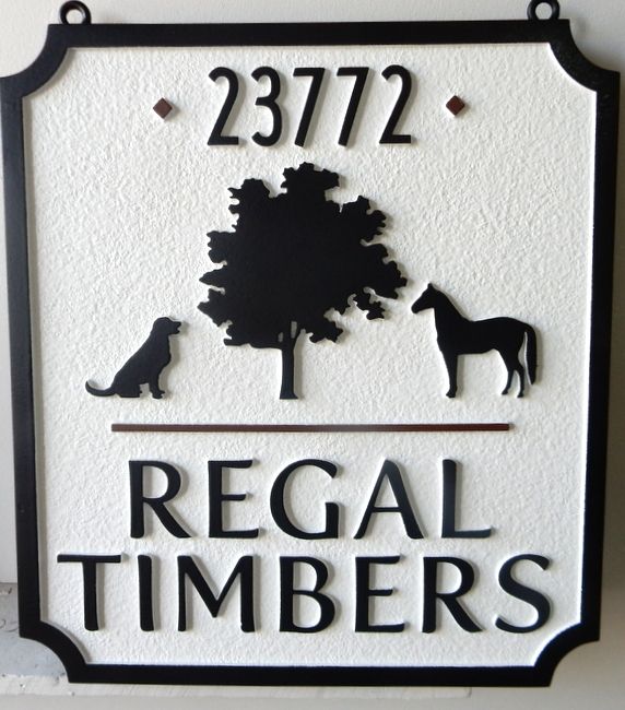 O24809 - Sandblasted, Sandstone Look HDU Sign for "Regal Timbers" with Sillouhette of Tree, Horse and Dog