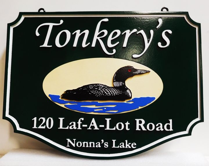 M22711 - Carved Residence Name and Address Ssign for "Tonkery's" with a Swimming Loon as Artwork