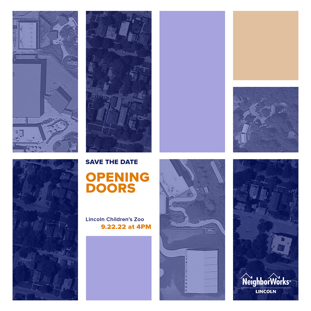 A collection of blocks and rectangles in shades of purple and beige, some with texture of city aerial views. The center block reads "Save the Date, Opening Doors, Lincoln Children's Zoo, September 22, 2022 at 4pm." 