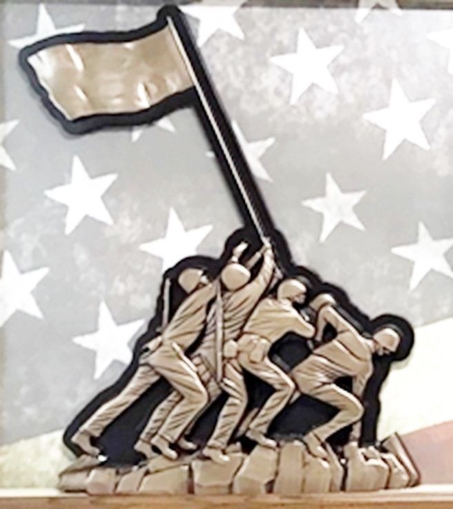 V31446 - Carved 3-D Bas-relief HDU Brass-Plated Plaque Commemorates  Marines Raising the US Flag on Mt.Suribachi, Iwo Jima, in  WW II. 