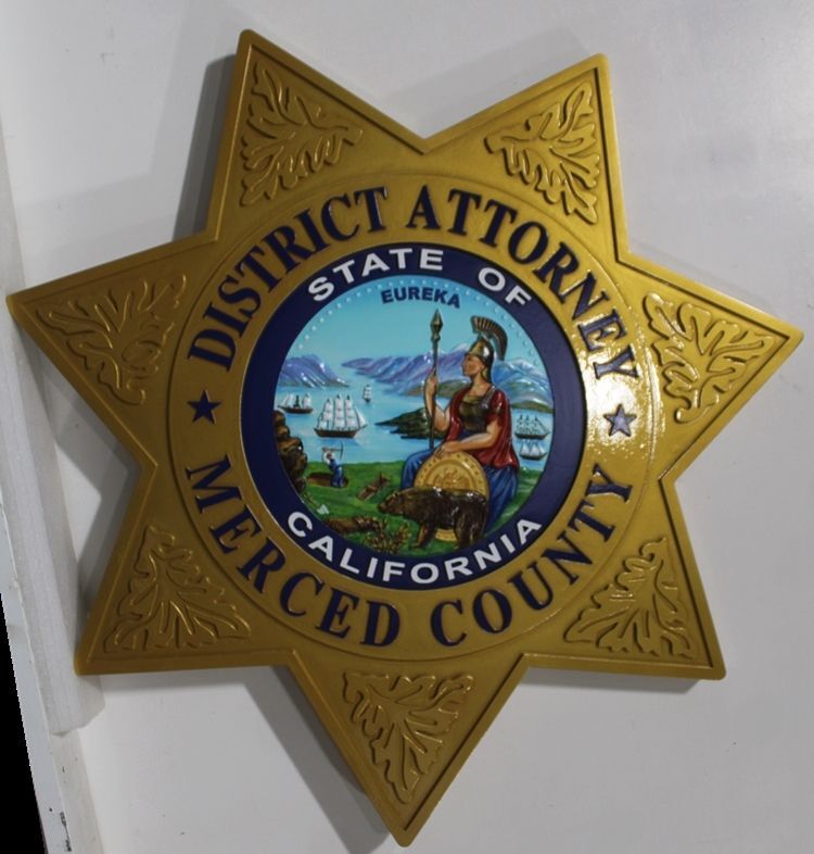 HP-1545 - 2.5-D Multi-Level Artist-Painted HDU Plaque of the Badge of the Merced County District Attorney