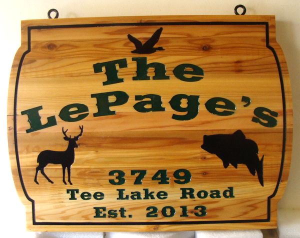 M22013 - Carved Cedar Wooden Residence Sign, with Deer, Fish and Duck