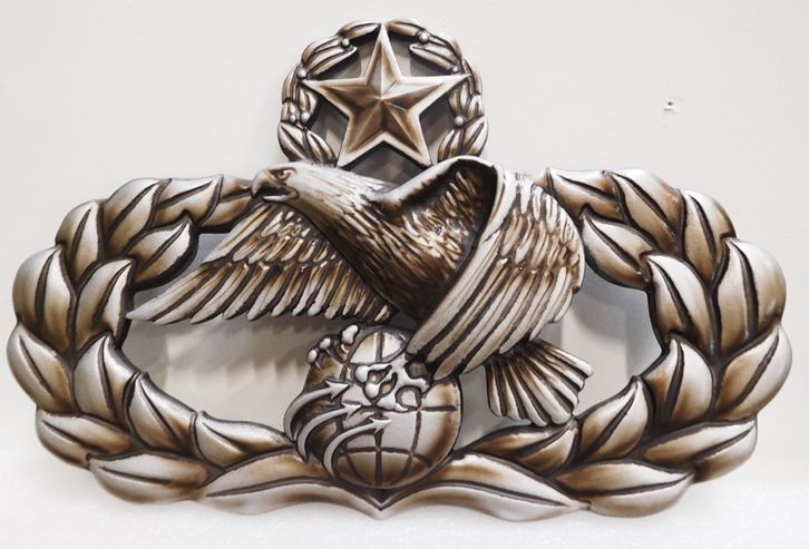 MP-1710 - Carved Plaque of US Army Star, Globe and Wreath  Emblem, 3-D Metallic Silver, Bronze and Black Paints