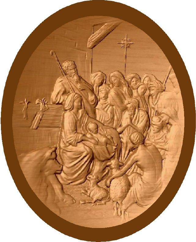 D13354 - Copper-gilded carved bas-relief Mahogany  plaque of Manger Scene