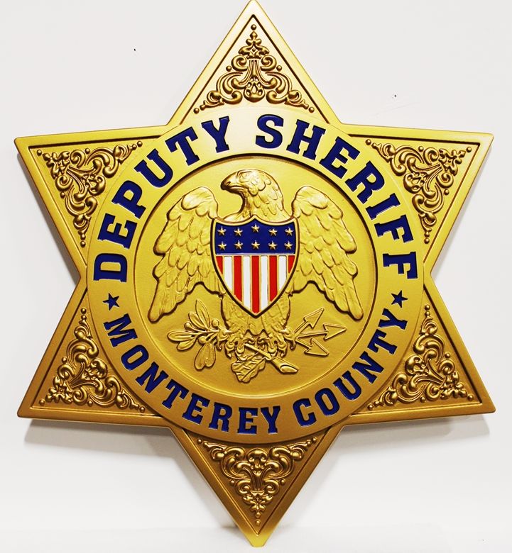 PP-1757 - Carved Plaque of the Star Badge of the Deputy Sheriff of Monterey County, 3-D Artist-Painted