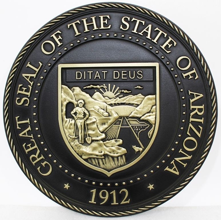 BP-1012 - Carved Plaque of the Seal of the State of Arizona, Brass-Plated with Black Background