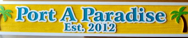 L21144 - Carved 2.5-D HDU Beach House Sign "Port a Paradise", with Outlined Text and Two Palm Trees