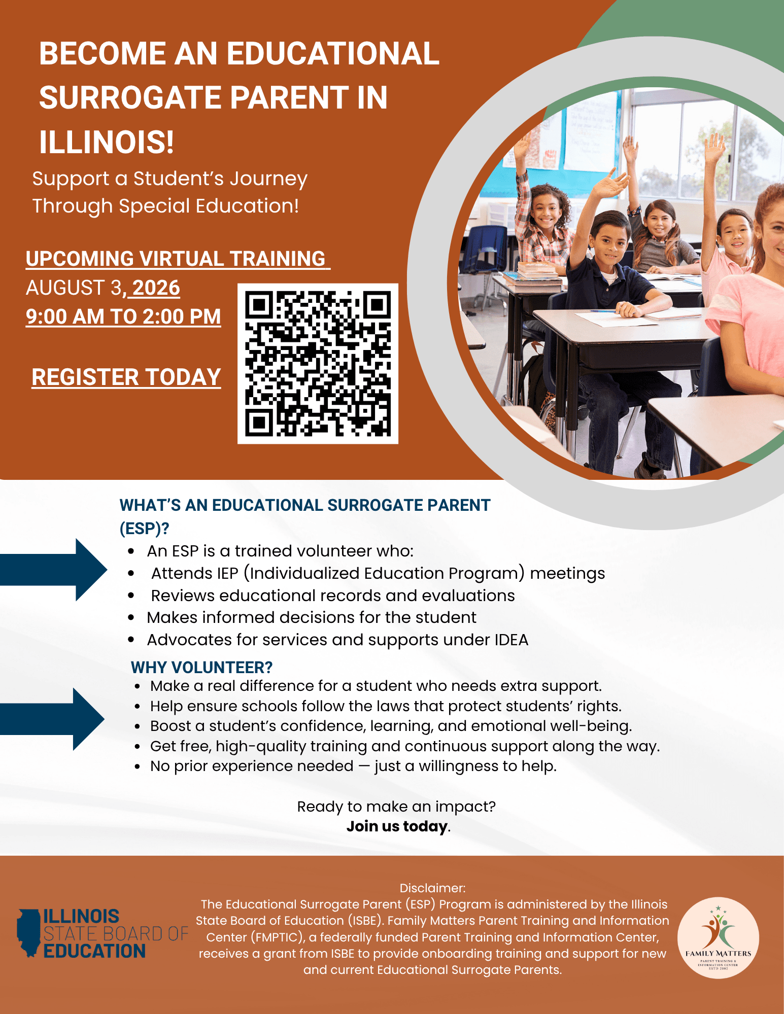 Flyer promoting Educational Surrogate Parent (ESP) volunteer training in Illinois. The flyer features a classroom photo of elementary-aged students raising their hands. Large text reads: “Become an Educational Surrogate Parent in Illinois! Suppo