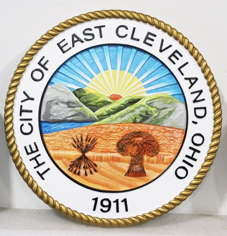 DP-1485 - Carved 3-D Bas-Relief HDU Plaque of the Seal of the  City of East Cleveland, Ohio