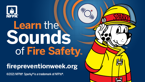 National Fire Protection Association's National Fire Prevention Week logo featuring Sparky the fire dog and this year's slogan, "Learn the sounds of fire saftey."