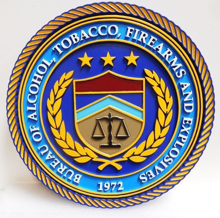 U30368  - Carved 3-D HDU Plaque of the Seal of the Bureau of Alcohol, Tobacco, Firearms and Explosives (ATF) 
