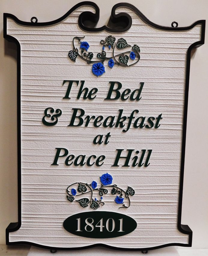 T29078 - Carved and Sandblasted Wood Grain Ornate Sign  for the "The Bed & Breakfast Inn at Peace Hill" , 2.5-D with Flowers as Artwork