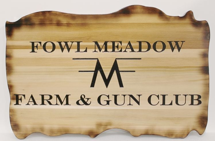 O24946 - Rustic Engraved and Scorched Rustic  Western Red Cedar Wood  Sign  "Fowl Meadow Farm & Gun Club" 