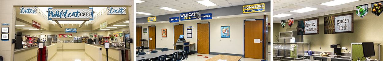 3 pictures of custom signs in school café, main line signs, food art, school lunch posters