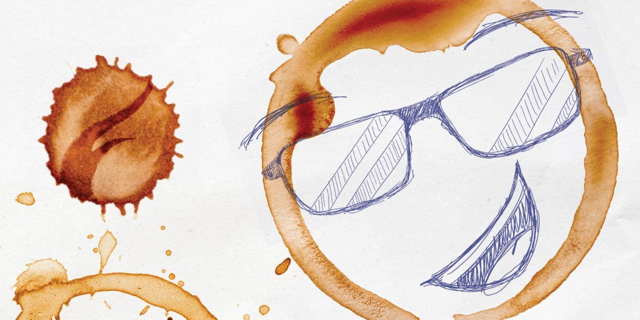 Sketch of a man wearing glasses, with a coffee stain visible on the postcard background.