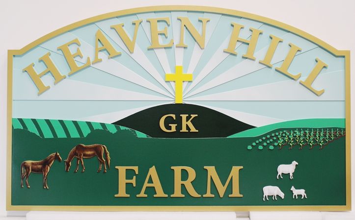 Q24845 - Carved Entrance Sign for Heaven Hill Farm, with Cross,Hills, Horses and Sheep as Artwork  