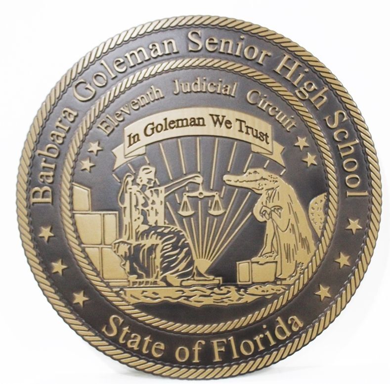 TP-1130 - Carved Plaque of the Seal for Barbara Goleman Senior High School, State of Florida, 2.5-D Artist-Painted