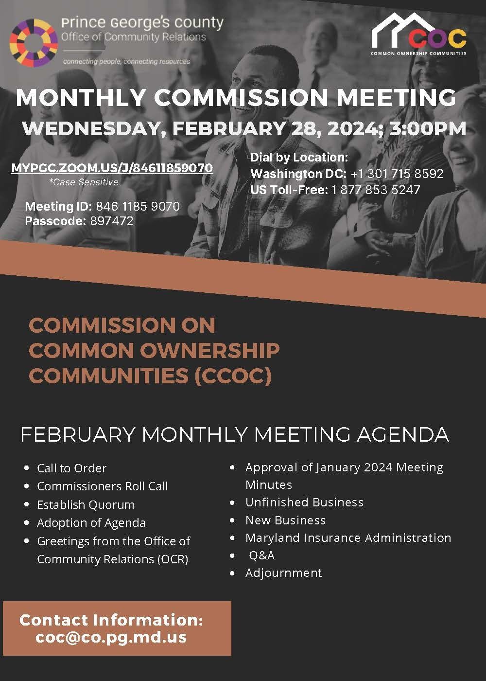 flyer announcing Prince George's County community relations monthly commission meeting on February 28 @ 4pm 