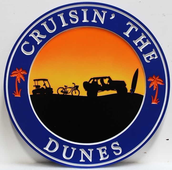 L21230 -  Carved  2.5-D Multi-level Relief HDU Beach House Name Sign "Cruising' The Dunes"., with Golf Cart, Bike, SUV and Surfboard Silhouetted Against the Sunset