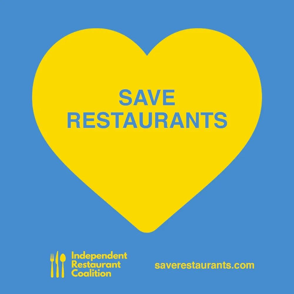 A yellow heart on a blue background with text that reads "save our restaurants" alongside the Independent Restaurant Coalition logo