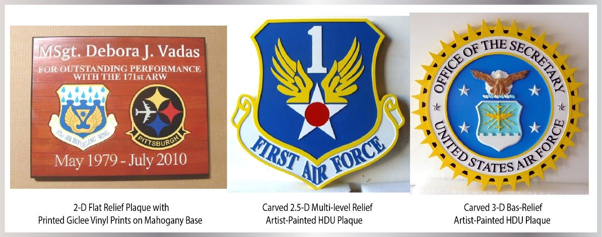 3D Painted, Wood, Bronze, Brass, Silver Air Force Plaques