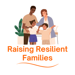 logo for Raising Resilient Families, with 2 adult caregivers and 2 children
