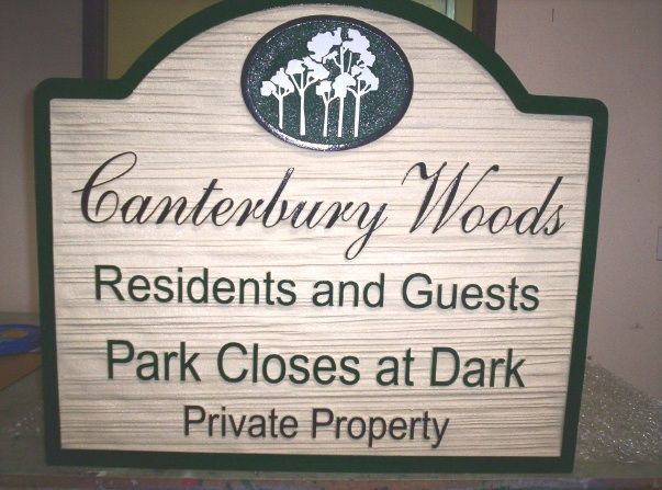 KA20751 - Wood Grain HDU Sign for Park Residents and Guests, Park Closes at Dark, Private Property