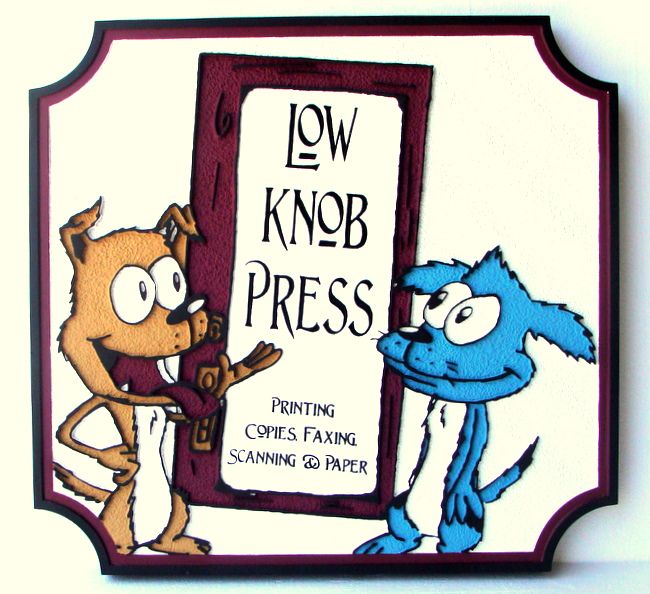 SA28420 - Whimsical  Sign for "Low Knob  Press"  - Printing, Copies, Fax, Scanning, with a Cat and Dog