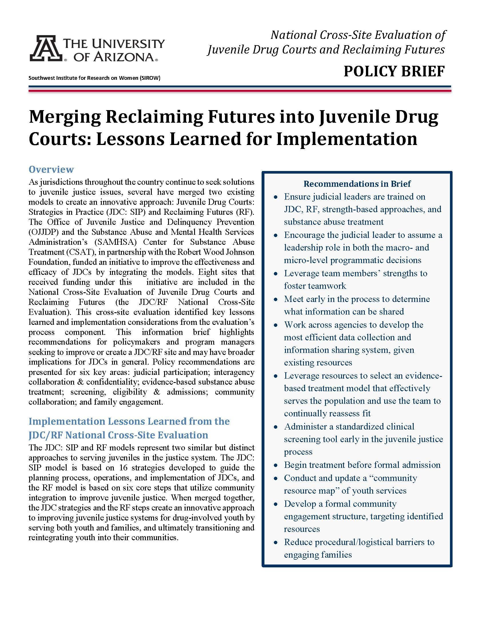 Merging Reclaiming Futures into Juvenile Drug Courts: Lessons Learned for Implementation