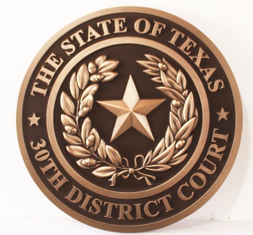 GP-1393 - Carved 3-D Bas-relief Plaque of the Seal of  the 3oth District Court m State of Texas, Brass Plated 