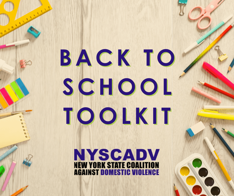 School supplies over a white painted wood desk.  Purple text reads "Back to School Toolkit"  with the NYSCADV logo underneath.