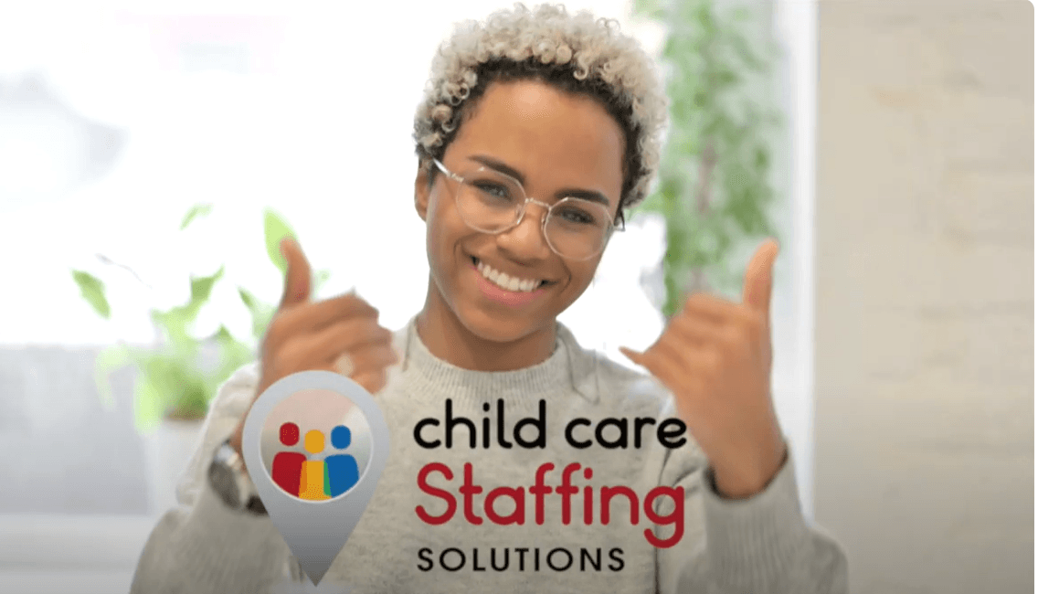 woman with her thumbs up and the child care staffing solutions logo