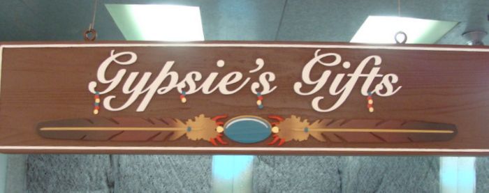SA28028 - Carved Wooden Sign for Gift Shop with Logo with Feathers and Turquoise Stone