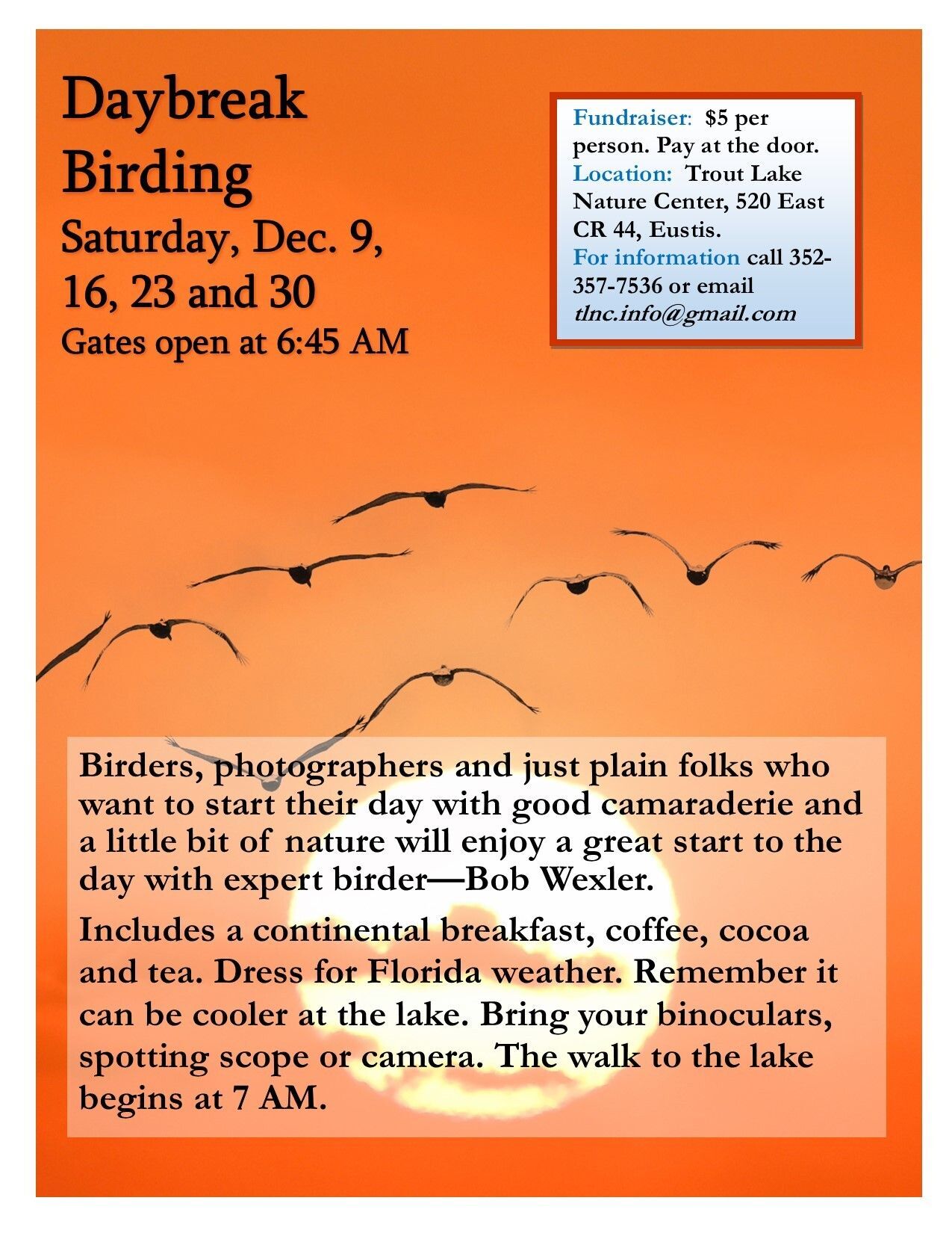 Behind the text about the event is a graphic of birds silhouetted flying into the sunrise. 