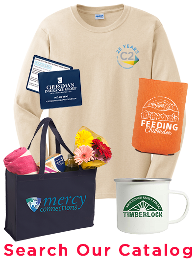 branded promotional products collage featuring man in blue polo, blue grocery bag, red travel mug and orange pen