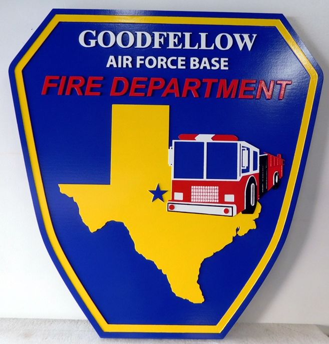 QP-2110 - Carved Wall Plaque of  the Shoulder Patch of the Goodfellow Air Force Base Fire Department,  Artist Painted 