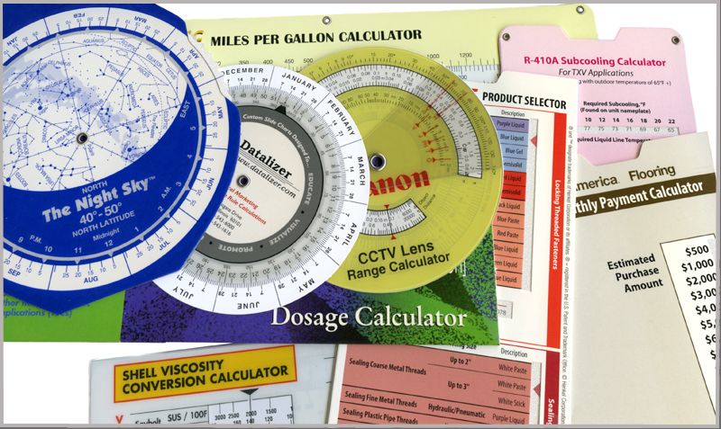 Slide Charts, Data Wheels, Slide Rule Style Calculators