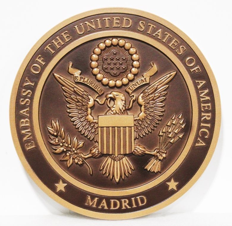 AP-3794 - Carved 3-D Bronze-Plated Plaque of the Seal of the US Embassy, Madrid, Spain