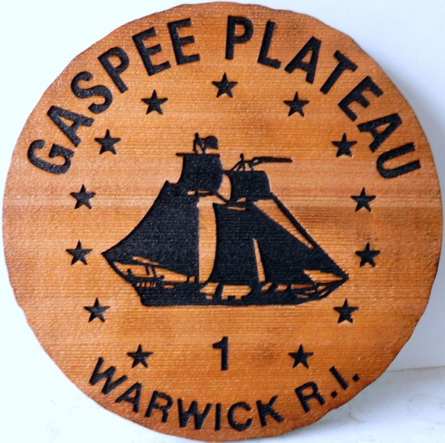 L21315 - Sandblasted Cedar Round Plaque fpr "Gaspee Plateau", Featuring the Silhouette of a Topsail Schooner
