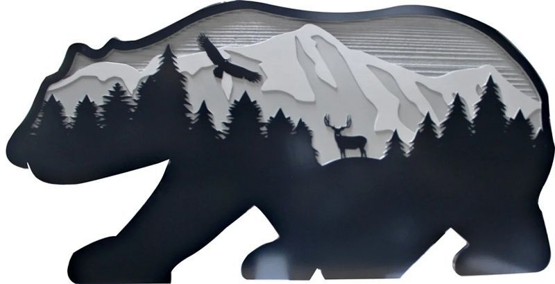 T29184 - Carved and Sandblasted Wood Grain HDU Sign in the Shape of a Bear with Artwork