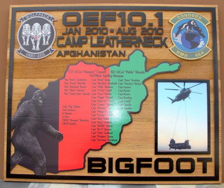 KP-2280 -  Carved Campaign Board of  Camp Leatherneck , Afghanistan, US Marine Corps,  Artist Painted Cedar Wood with Photos